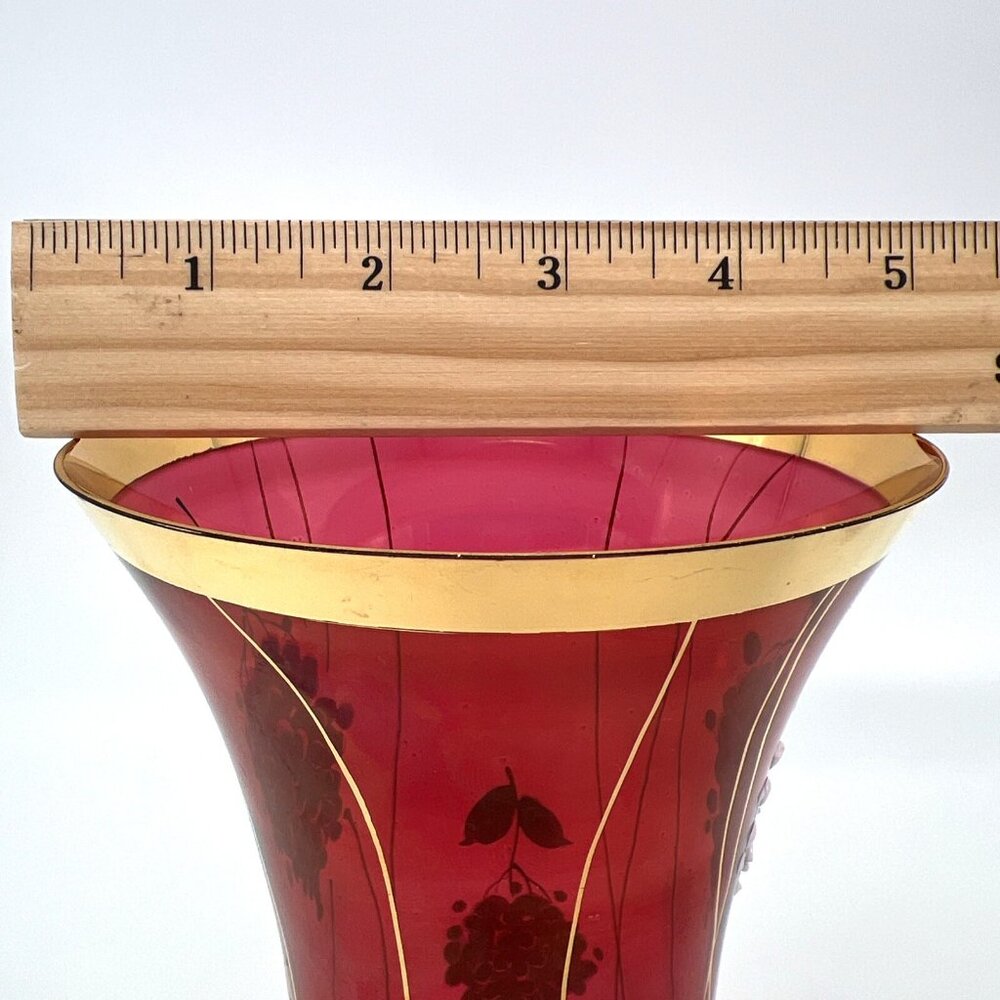 Famosa LPW Vienna Austria Ruby Red Glass Vase Hand Painted Grapes Gold Trim - Picture 11 of 14